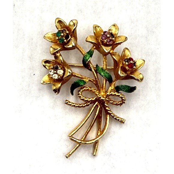 Corelle Jewelry - Vintage Corel Flower Bouquet Brooch Gold Tone Rhinestone Enamel READ